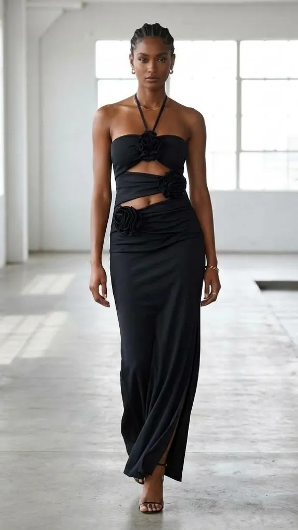 Ekeshwara_Midnight_Rose_Cut-Out_Maxi_Dress;_Model_Height_5.8inch,_Fabric_All_Way_Stretchable