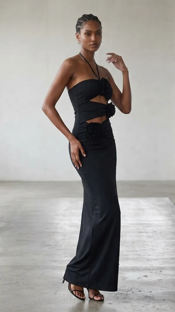 Ekeshwara_Midnight_Rose_Cut-Out_Maxi_Dress;_Model_Height_5.8inch,_Fabric_All_Way_Stretchable