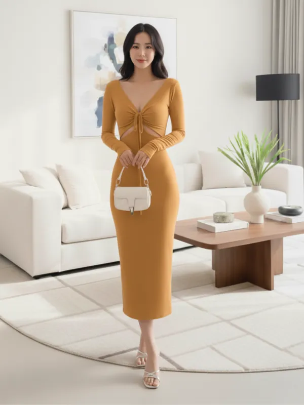 Ekeshwara_Mustard_Cut-Out_Front_Tie_Bodycon_Midi_Dress|_Model_Height_5.8inch_,_Fabric_All_Way_Stretchable