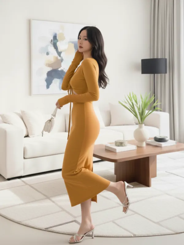 Ekeshwara_Mustard_Cut-Out_Front_Tie_Bodycon_Midi_Dress|_Model_Height_5.8inch_,_Fabric_All_Way_Stretchable