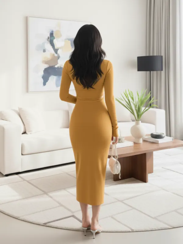 Ekeshwara_Mustard_Cut-Out_Front_Tie_Bodycon_Midi_Dress|_Model_Height_5.8inch_,_Fabric_All_Way_Stretchable