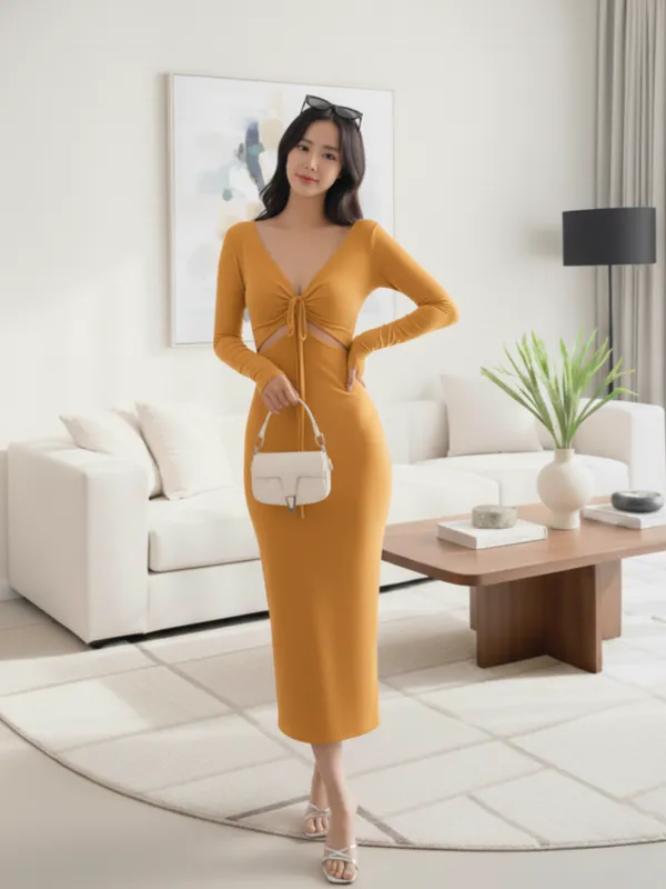 Ekeshwara_Mustard_Cut-Out_Front_Tie_Bodycon_Midi_Dress|_Model_Height_5.8inch_,_Fabric_All_Way_Stretchable