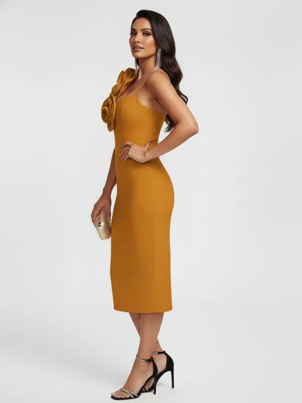 Ekeshwara_Mustard_Bodycon_Midi_Dress_with_3D_Floral_Detail|_Model_Height_5.8inch_,_Fabric_All_Way_Stretchable