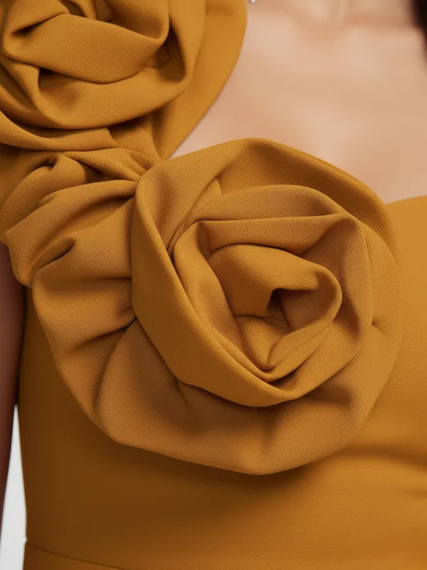 Ekeshwara_Mustard_Bodycon_Midi_Dress_with_3D_Floral_Detail|_Model_Height_5.8inch_,_Fabric_All_Way_Stretchable