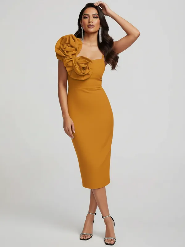 Ekeshwara_Mustard_Bodycon_Midi_Dress_with_3D_Floral_Detail|_Model_Height_5.8inch_,_Fabric_All_Way_Stretchable