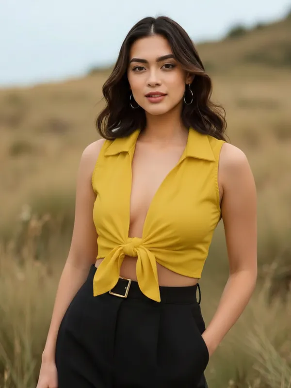 Ekeshwara_Mustard_Yellow_Collared_Tie-Front_Crop_Top|_Model_Height_5.8inch_,_Fabric_All_Way_Stretchable