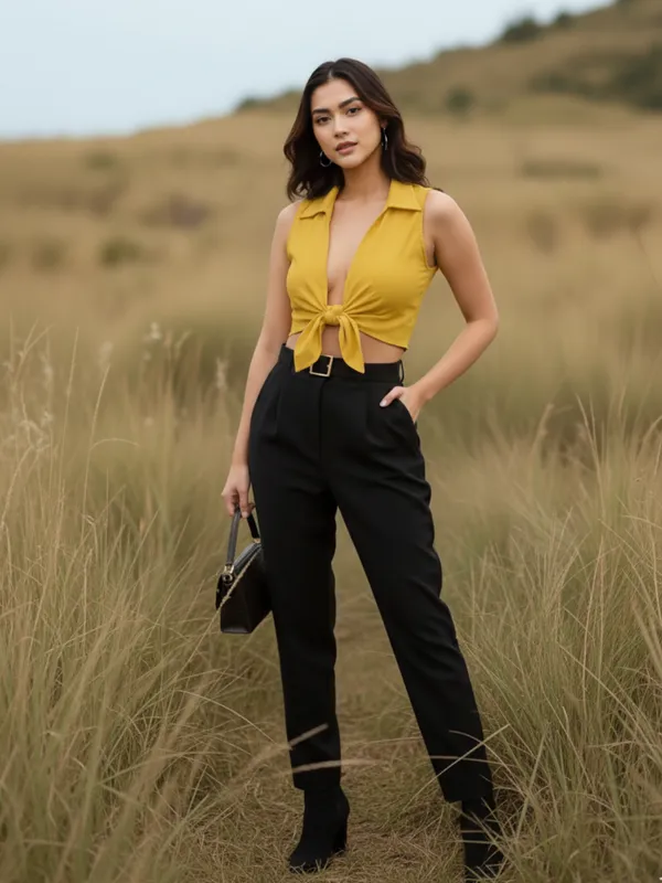 Ekeshwara_Mustard_Yellow_Collared_Tie-Front_Crop_Top|_Model_Height_5.8inch_,_Fabric_All_Way_Stretchable