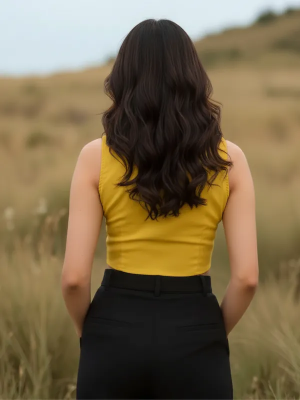 Ekeshwara_Mustard_Yellow_Collared_Tie-Front_Crop_Top|_Model_Height_5.8inch_,_Fabric_All_Way_Stretchable