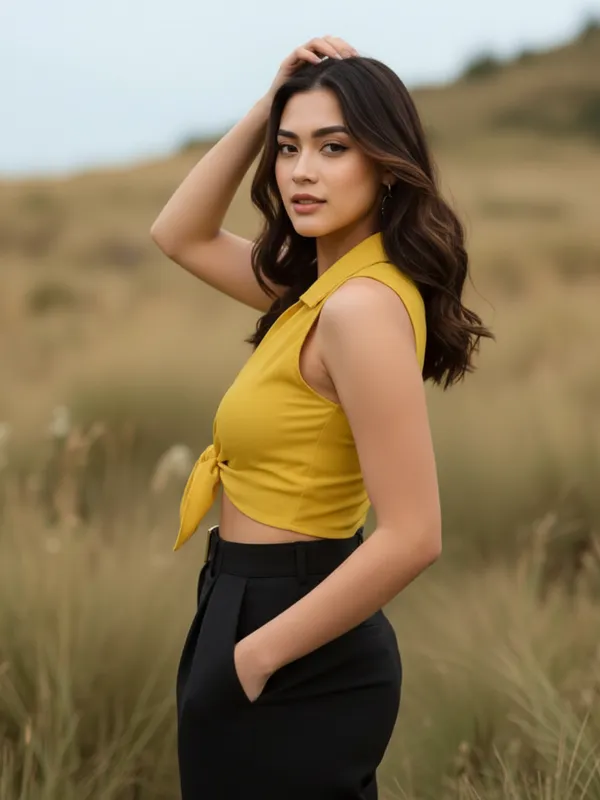 Ekeshwara_Mustard_Yellow_Collared_Tie-Front_Crop_Top|_Model_Height_5.8inch_,_Fabric_All_Way_Stretchable