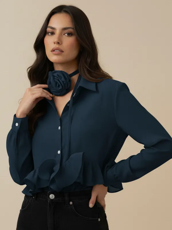 Ekeshwara_Navy_Blue_Ruffle_Detail_Women's_Shirt_??Elegant_Button_Down_with_Rosette_Neck_Accent|_Model_Height_5.8inch_,_Fabric_All_Way_Stretchable