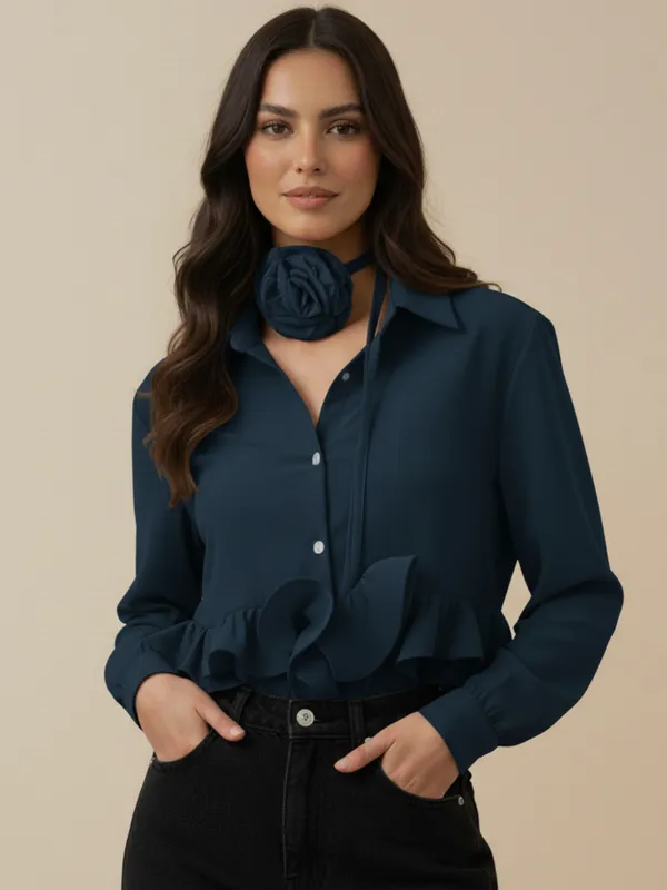 Ekeshwara_Navy_Blue_Ruffle_Detail_Women's_Shirt_??Elegant_Button_Down_with_Rosette_Neck_Accent|_Model_Height_5.8inch_,_Fabric_All_Way_Stretchable