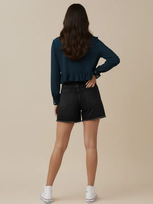 Ekeshwara_Navy_Blue_Ruffle_Detail_Women's_Shirt_??Elegant_Button_Down_with_Rosette_Neck_Accent|_Model_Height_5.8inch_,_Fabric_All_Way_Stretchable