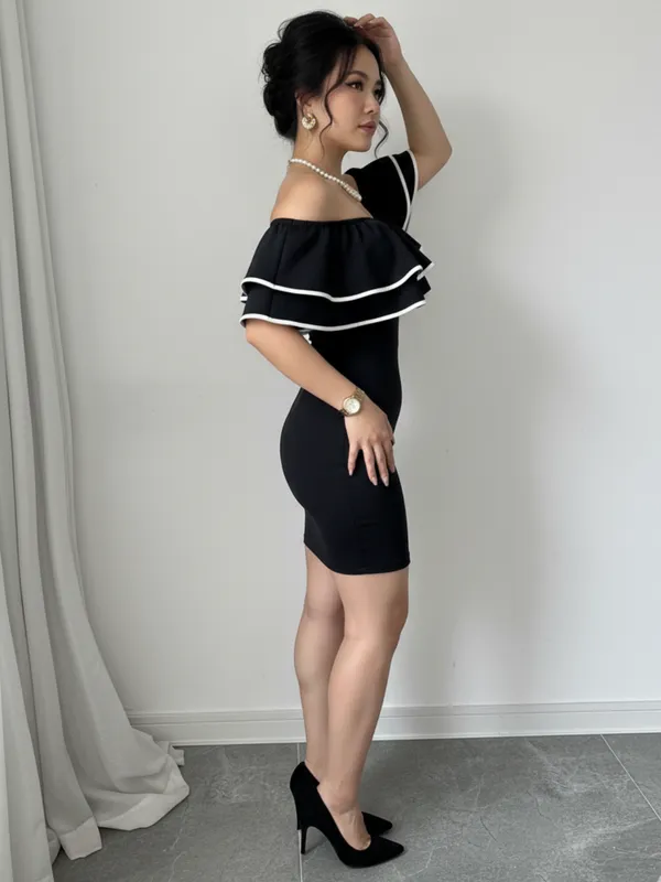 Ekeshwara_Off-Shoulder_Black_Ruffle_Bodycon_Mini_Dress_for_Women|_Model_Height_5.8inch_,_Fabric_All_Way_Stretchable