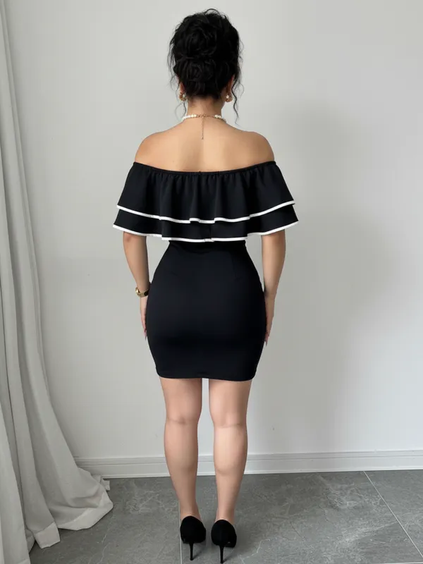 Ekeshwara_Off-Shoulder_Black_Ruffle_Bodycon_Mini_Dress_for_Women|_Model_Height_5.8inch_,_Fabric_All_Way_Stretchable