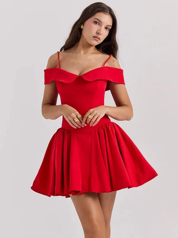 Ekeshwara_Off-The-Shoulder_Pleated_Mini_Dress_–_Crimson_Red|_Model_Height_5.8inch_,_Fabric_All_Way_Stretchable