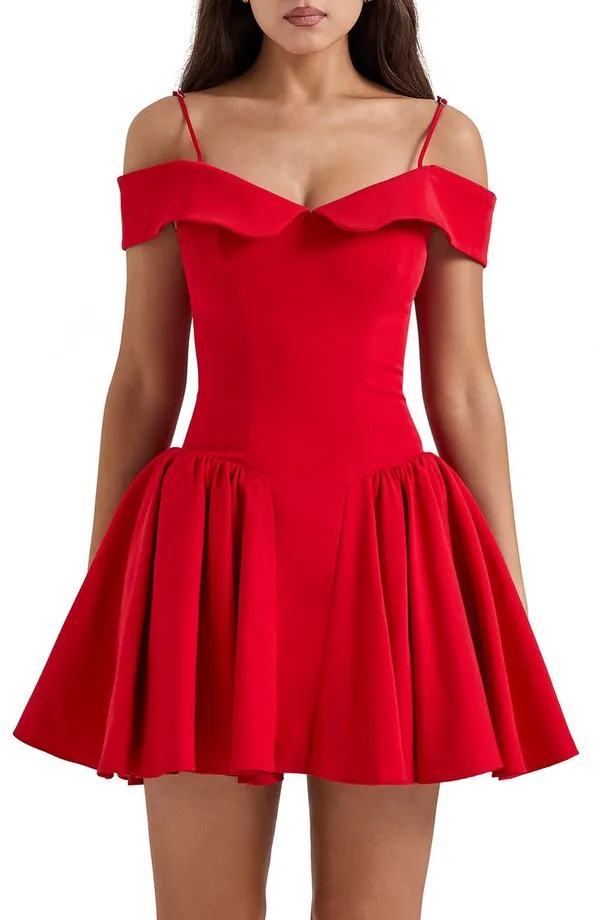 Ekeshwara_Off-The-Shoulder_Pleated_Mini_Dress_–_Crimson_Red|_Model_Height_5.8inch_,_Fabric_All_Way_Stretchable