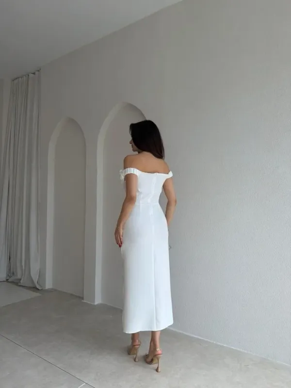 Ekeshwara_Off-The-Shoulder_Rosette_Midi_Dress_–_Ivory_Alabaster_White|_Model_Height_5.8inch_,_Fabric_All_Way_Stretchable
