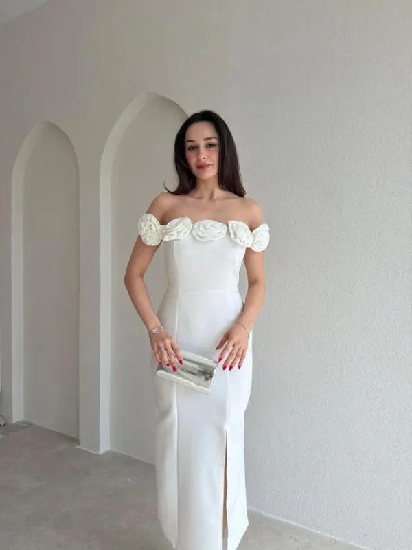 Ekeshwara_Off-The-Shoulder_Rosette_Midi_Dress_–_Ivory_Alabaster_White|_Model_Height_5.8inch_,_Fabric_All_Way_Stretchable