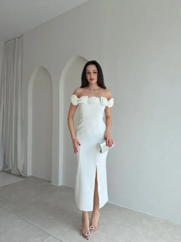 Ekeshwara_Off-The-Shoulder_Rosette_Midi_Dress_–_Ivory_Alabaster_White|_Model_Height_5.8inch_,_Fabric_All_Way_Stretchable