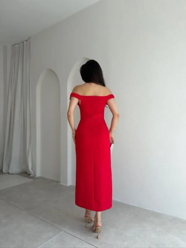 Ekeshwara_Off-The-Shoulder_Rosette_Midi_Dress_–_Radiant_Poppy_Crimson|_Model_Height_5.8inch_,_Fabric_All_Way_Stretchable