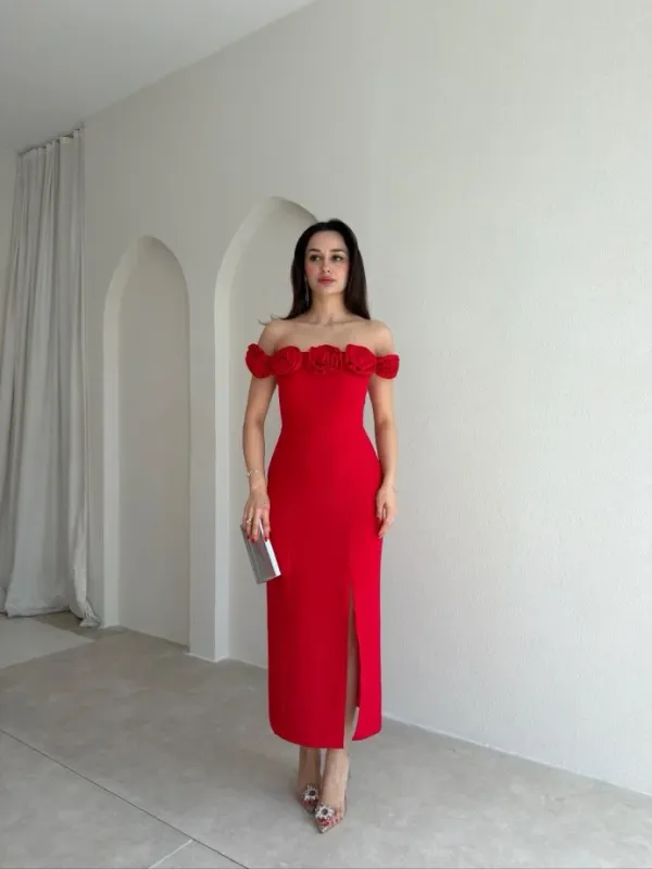 Ekeshwara_Off-The-Shoulder_Rosette_Midi_Dress_–_Radiant_Poppy_Crimson|_Model_Height_5.8inch_,_Fabric_All_Way_Stretchable