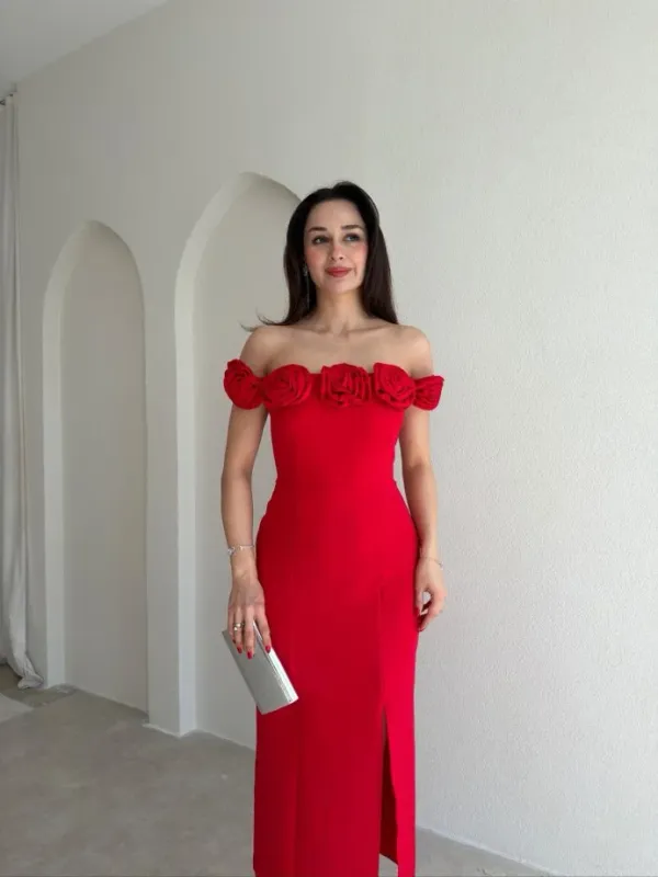 Ekeshwara_Off-The-Shoulder_Rosette_Midi_Dress_–_Radiant_Poppy_Crimson|_Model_Height_5.8inch_,_Fabric_All_Way_Stretchable