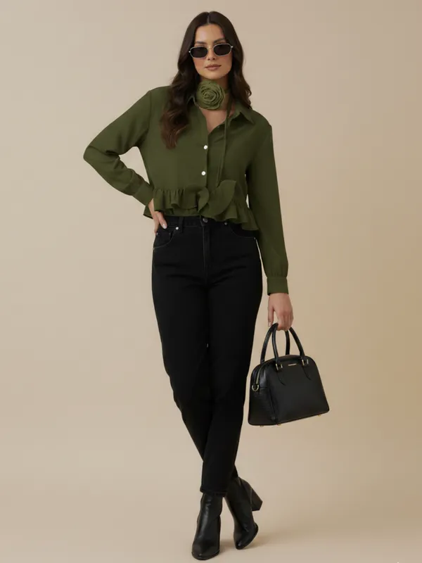Ekeshwara_Olive_Green_Ruffle_Detail_Women's_Shirt_??Stylish_Button_Down,_Elegant_Collar_Neck|_Model_Height_5.8inch_,_Fabric_All_Way_Stretchable