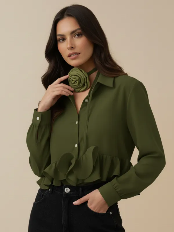 Ekeshwara_Olive_Green_Ruffle_Detail_Women's_Shirt_??Stylish_Button_Down,_Elegant_Collar_Neck|_Model_Height_5.8inch_,_Fabric_All_Way_Stretchable