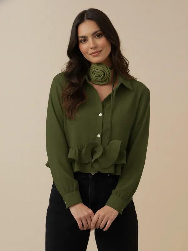 Ekeshwara_Olive_Green_Ruffle_Detail_Women's_Shirt_??Stylish_Button_Down,_Elegant_Collar_Neck|_Model_Height_5.8inch_,_Fabric_All_Way_Stretchable