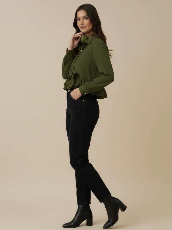 Ekeshwara_Olive_Green_Ruffle_Detail_Women's_Shirt_??Stylish_Button_Down,_Elegant_Collar_Neck|_Model_Height_5.8inch_,_Fabric_All_Way_Stretchable