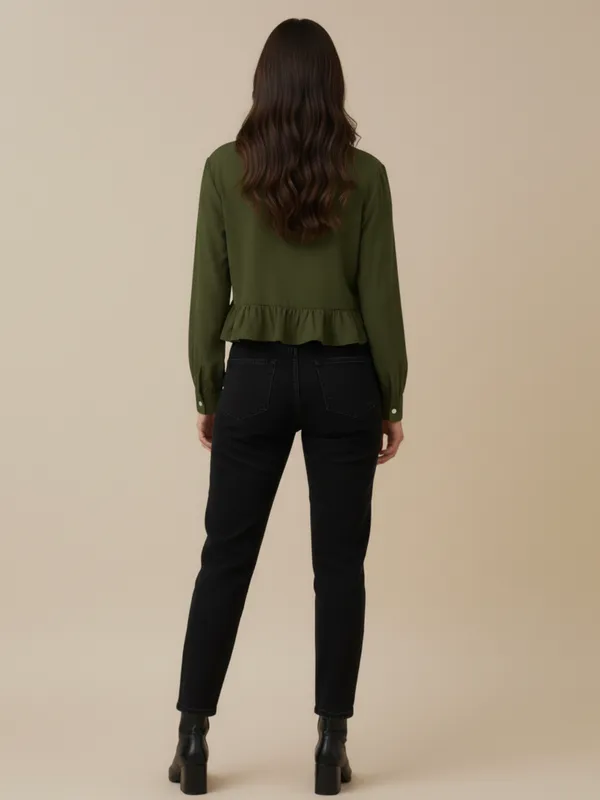 Ekeshwara_Olive_Green_Ruffle_Detail_Women's_Shirt_??Stylish_Button_Down,_Elegant_Collar_Neck|_Model_Height_5.8inch_,_Fabric_All_Way_Stretchable