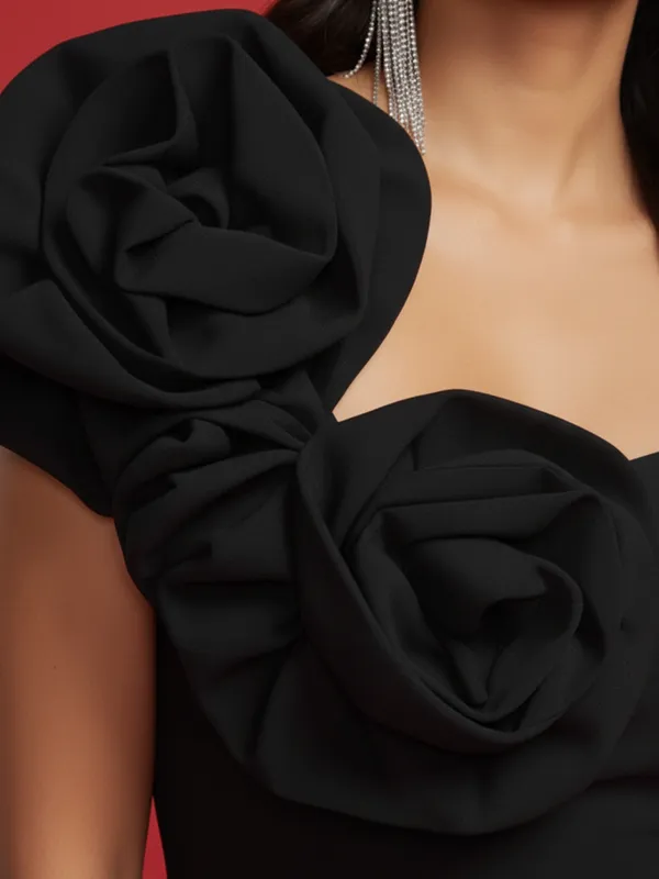 Ekeshwara_Black_Bodycon_Midi_Dress_with_3D_Floral_Applique|_Model_Height_5.8inch_,_Fabric_All_Way_Stretchable