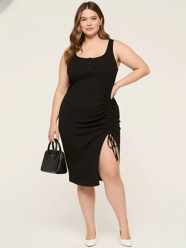 Ekeshwara_Plus_Size_Black_Ruched_Tank_Midi_Dress_with_Button_Front|_Model_Height_5.8inch_,_Fabric_All_Way_Stretchable