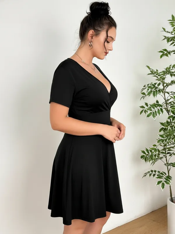 Ekeshwara_Plus_Size_Black_Short_Sleeve_V-Neck_Skater_Dress|_Model_Height_5.8inch_,_Fabric_All_Way_Stretchable