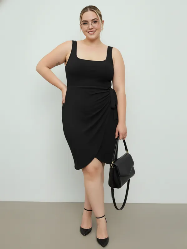 Ekeshwara_Plus_Size_Black_Tulip_Wrap_Mini_Dress_with_Waist_Tie|_Model_Height_5.8inch_,_Fabric_All_Way_Stretchable