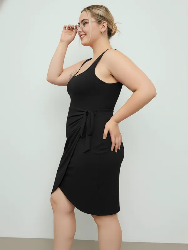 Ekeshwara_Plus_Size_Black_Tulip_Wrap_Mini_Dress_with_Waist_Tie|_Model_Height_5.8inch_,_Fabric_All_Way_Stretchable