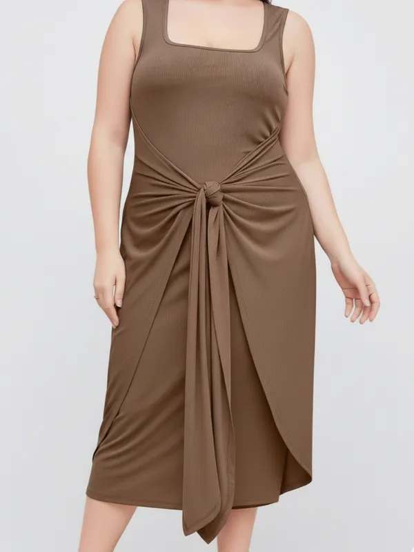 Ekeshwara_Plus_Size_Brown_Knot_Front_Midi_Dress_with_Square_Neck|_Model_Height_5.8inch_,_Fabric_All_Way_Stretchable