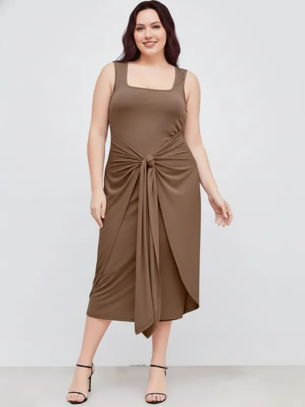 Ekeshwara_Plus_Size_Brown_Knot_Front_Midi_Dress_with_Square_Neck|_Model_Height_5.8inch_,_Fabric_All_Way_Stretchable