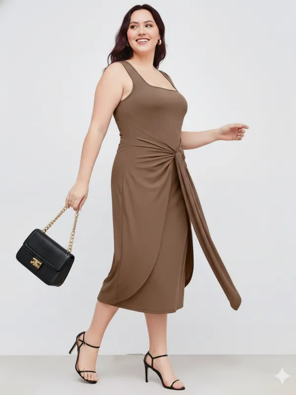 Ekeshwara_Plus_Size_Brown_Knot_Front_Midi_Dress_with_Square_Neck|_Model_Height_5.8inch_,_Fabric_All_Way_Stretchable