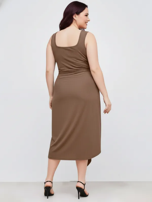 Ekeshwara_Plus_Size_Brown_Knot_Front_Midi_Dress_with_Square_Neck|_Model_Height_5.8inch_,_Fabric_All_Way_Stretchable