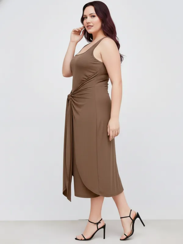 Ekeshwara_Plus_Size_Brown_Knot_Front_Midi_Dress_with_Square_Neck|_Model_Height_5.8inch_,_Fabric_All_Way_Stretchable