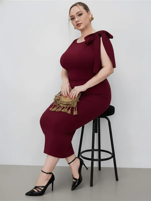 Ekeshwara_Plus_Size_Elegant_Maroon_Bodycon_Midi_Dress_with_Bow_Shoulder|_Model_Height_5.8inch_,_Fabric_All_Way_Stretchable