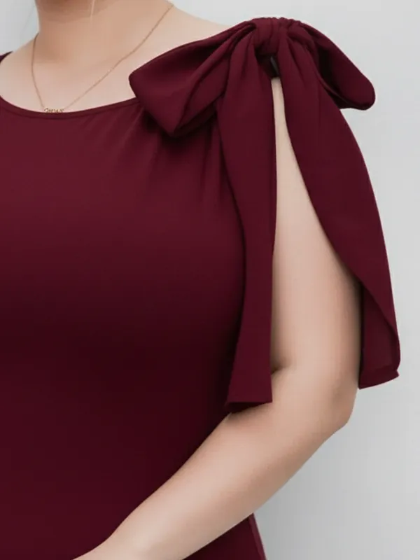 Ekeshwara_Plus_Size_Elegant_Maroon_Bodycon_Midi_Dress_with_Bow_Shoulder|_Model_Height_5.8inch_,_Fabric_All_Way_Stretchable