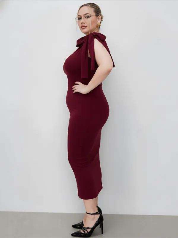 Ekeshwara_Plus_Size_Elegant_Maroon_Bodycon_Midi_Dress_with_Bow_Shoulder|_Model_Height_5.8inch_,_Fabric_All_Way_Stretchable