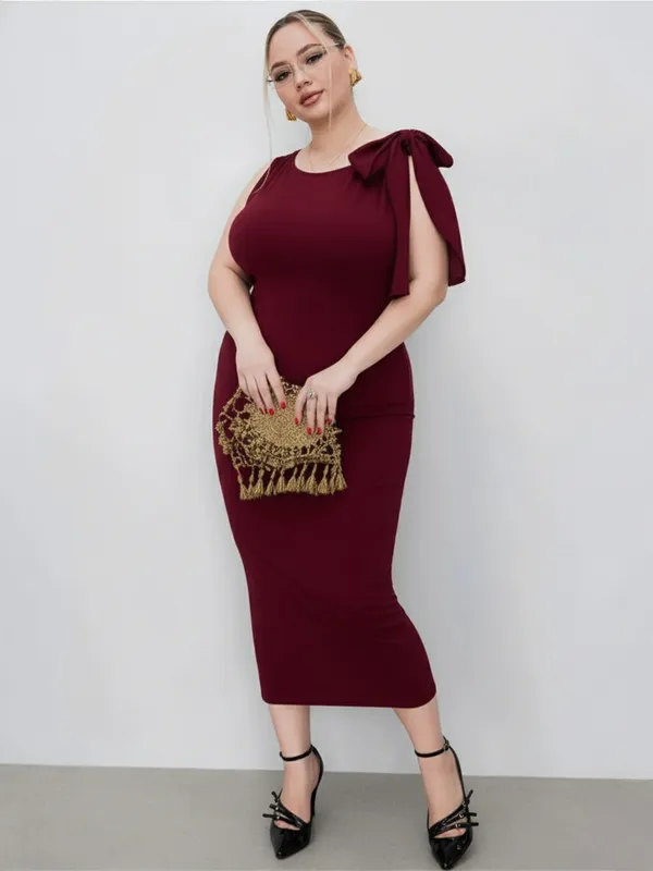 Ekeshwara_Plus_Size_Elegant_Maroon_Bodycon_Midi_Dress_with_Bow_Shoulder|_Model_Height_5.8inch_,_Fabric_All_Way_Stretchable