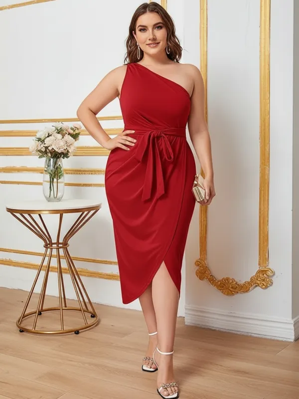 Ekeshwara_Plus_Size_Red_One_Shoulder_Wrap_Midi_Dress_with_Waist_Tie|_Model_Height_5.8inch_,_Fabric_All_Way_Stretchable