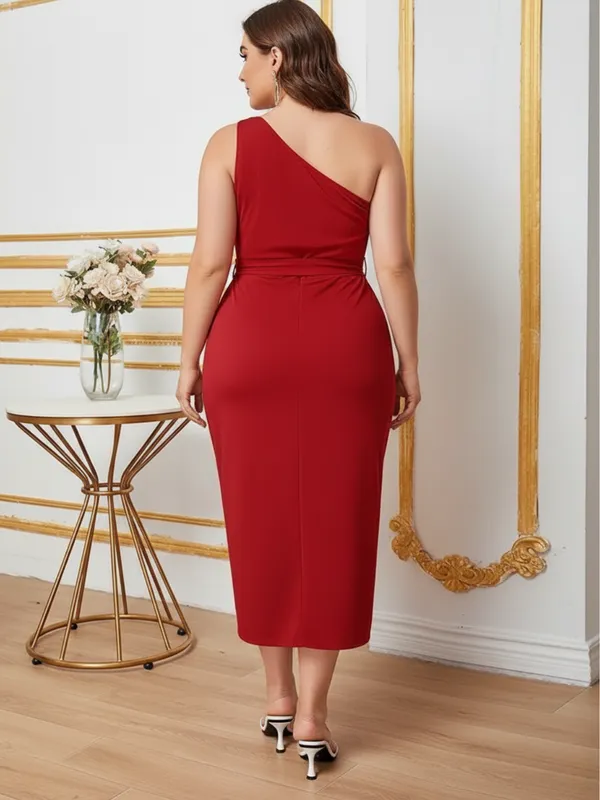Ekeshwara_Plus_Size_Red_One_Shoulder_Wrap_Midi_Dress_with_Waist_Tie|_Model_Height_5.8inch_,_Fabric_All_Way_Stretchable