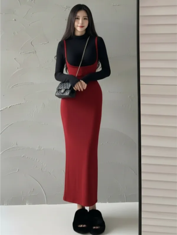 Ekeshwara_Red_Crimson_Bodycon_Pinafore_Maxi_Dress|_Model_Height_5.8inch_,_Fabric_All_Way_Stretchable