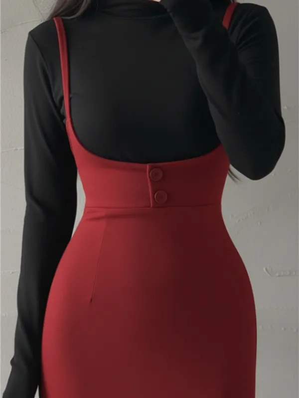 Ekeshwara_Red_Crimson_Bodycon_Pinafore_Maxi_Dress|_Model_Height_5.8inch_,_Fabric_All_Way_Stretchable