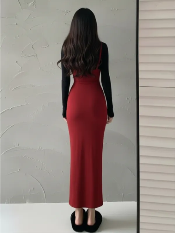 Ekeshwara_Red_Crimson_Bodycon_Pinafore_Maxi_Dress|_Model_Height_5.8inch_,_Fabric_All_Way_Stretchable